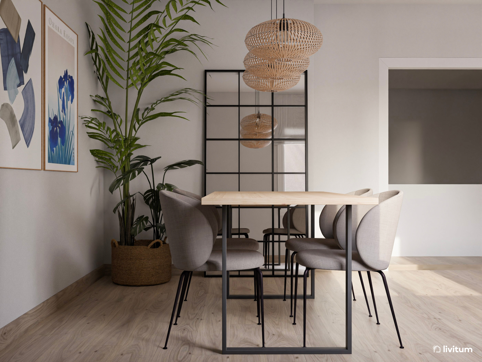 Salón comedor fresco y contemporáneo con acentos azules