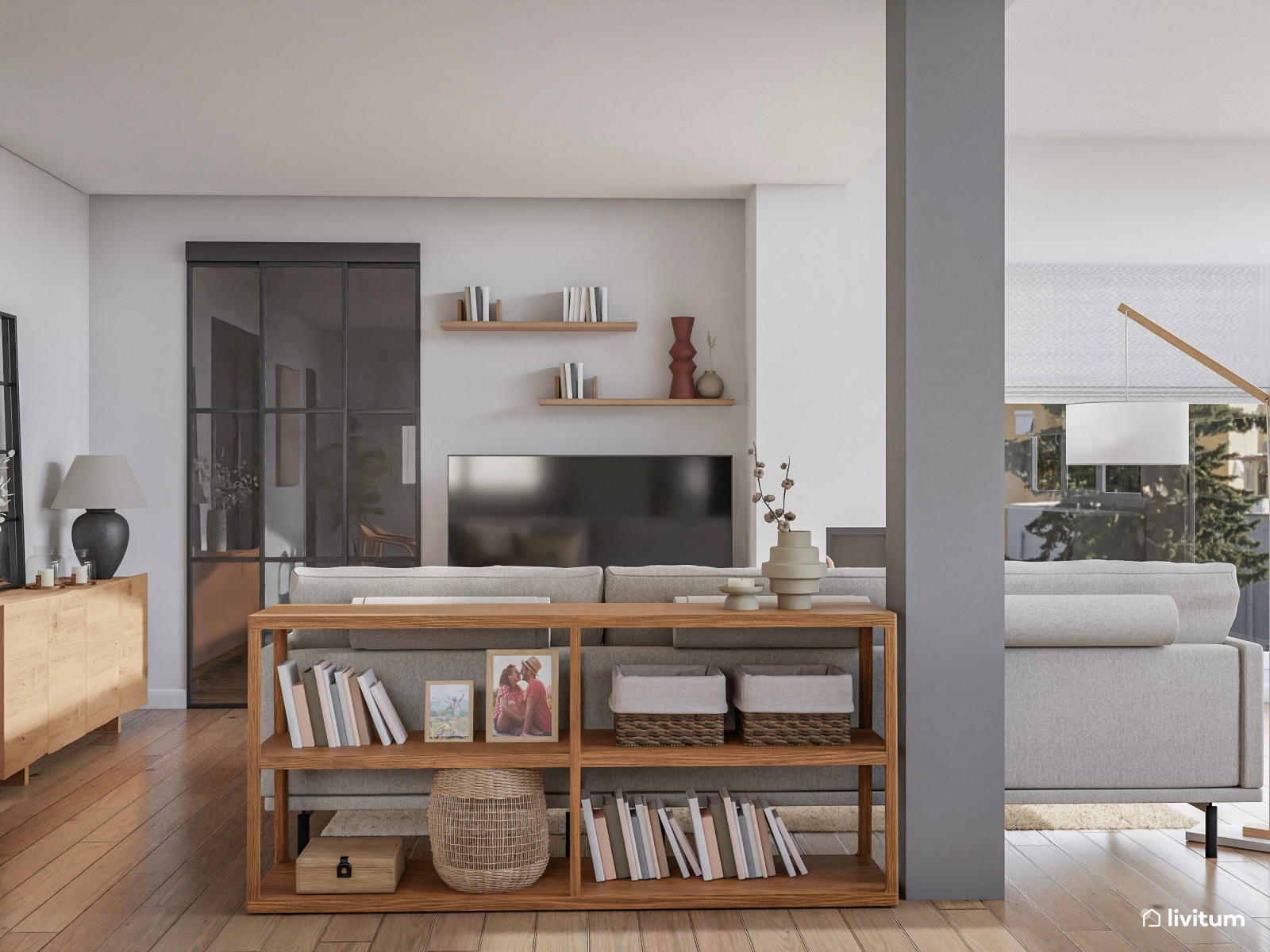 Salón comedor grande decorado con fibras naturales