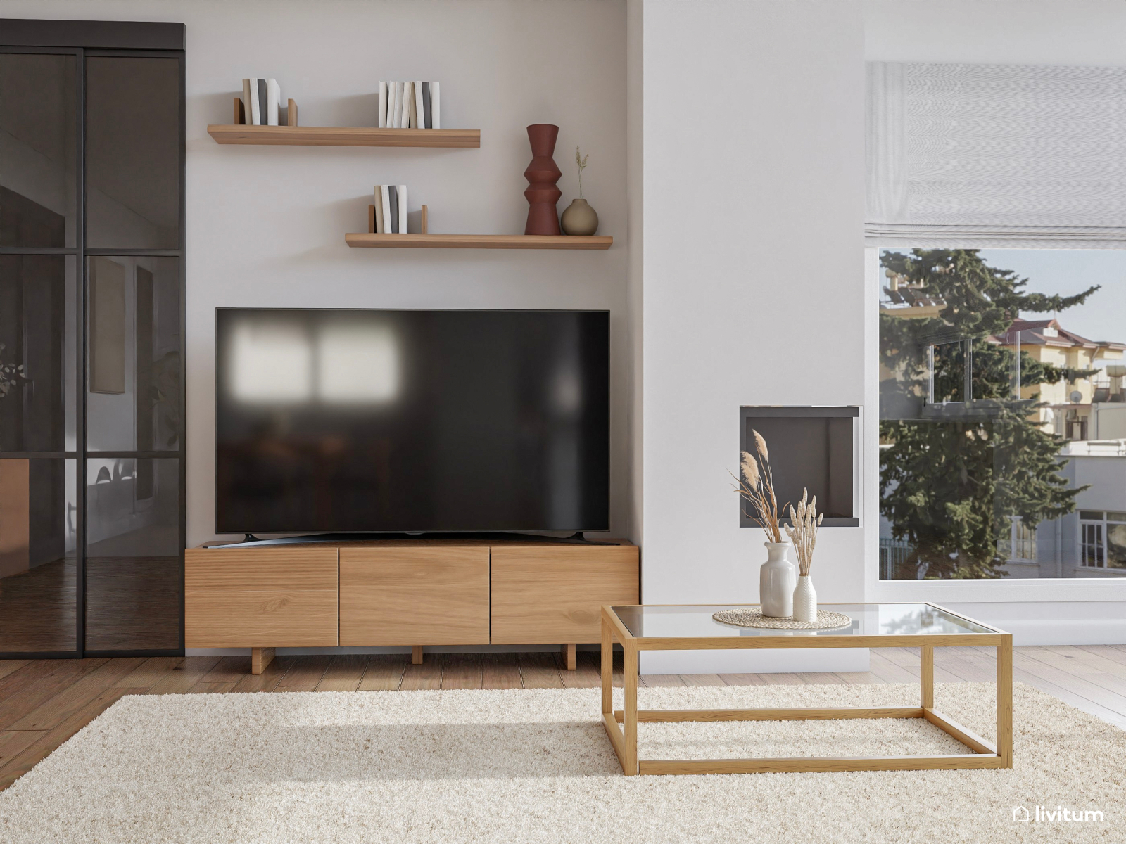 Salón comedor grande decorado con fibras naturales