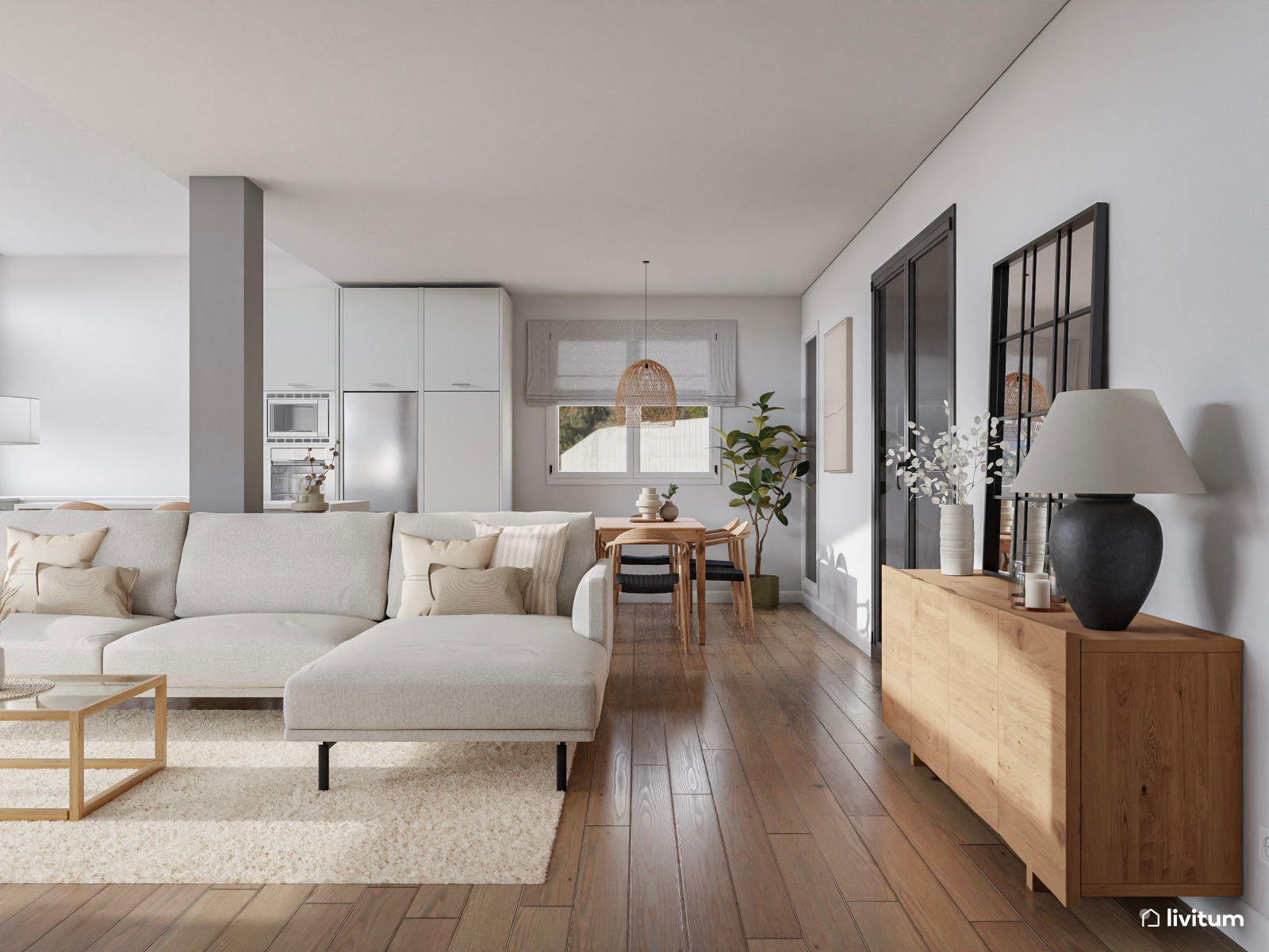 Salón comedor grande decorado con fibras naturales