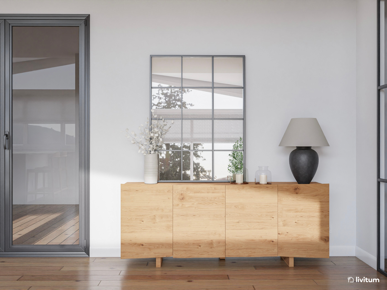 Salón comedor grande decorado con fibras naturales