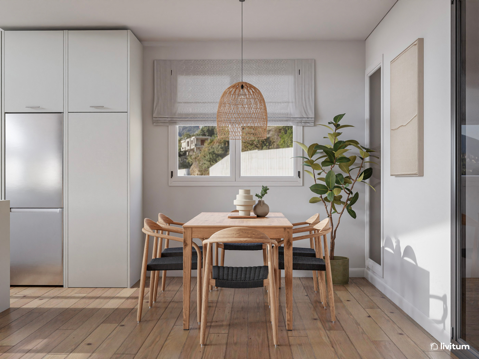 Salón comedor grande decorado con fibras naturales