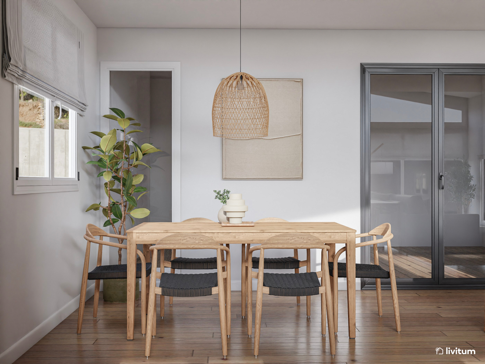 Salón comedor grande decorado con fibras naturales