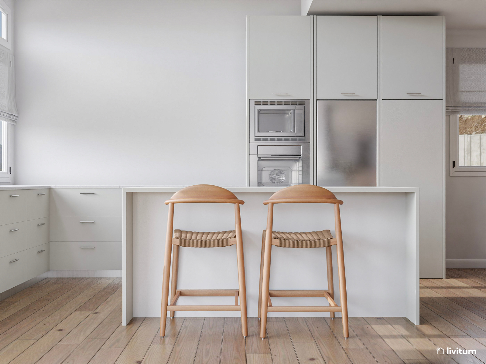 Salón comedor grande decorado con fibras naturales