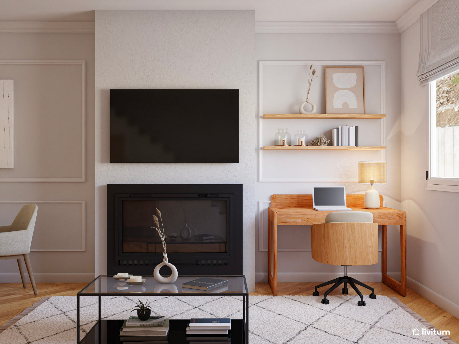 Salón comedor minimalista con cálida zona de trabajo