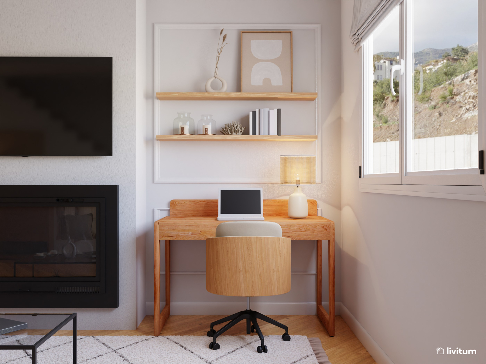 Salón comedor minimalista con cálida zona de trabajo