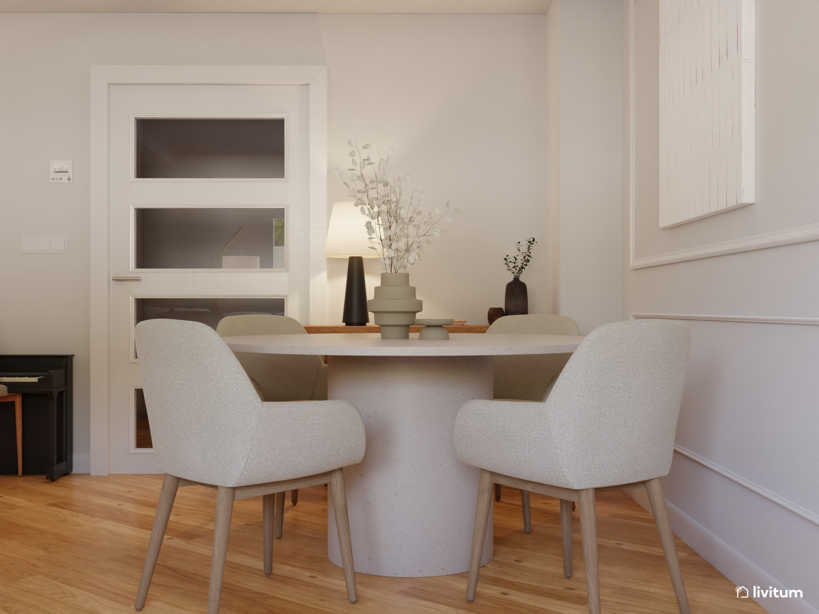 Salón comedor minimalista con cálida zona de trabajo