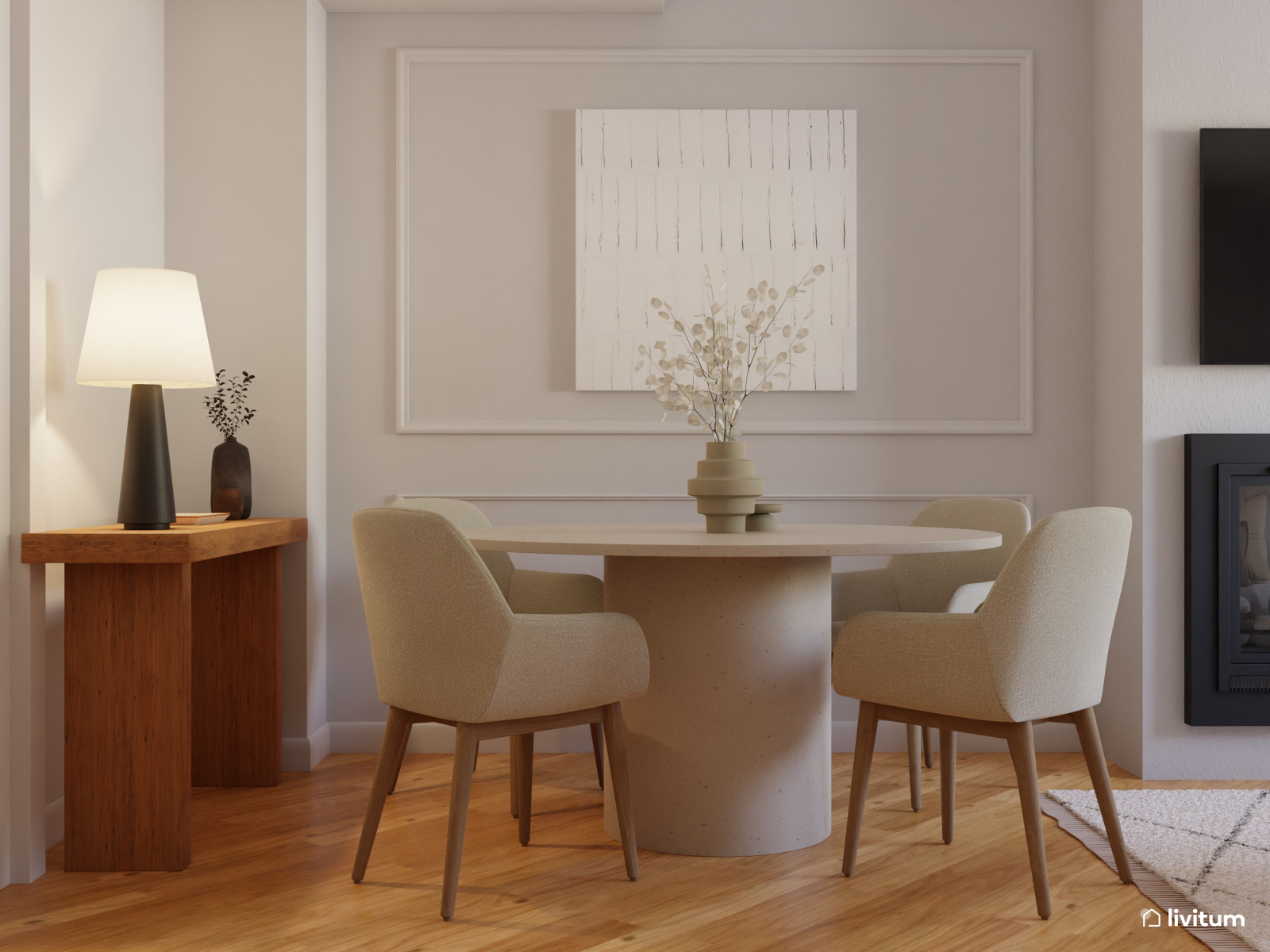 Salón comedor minimalista con cálida zona de trabajo