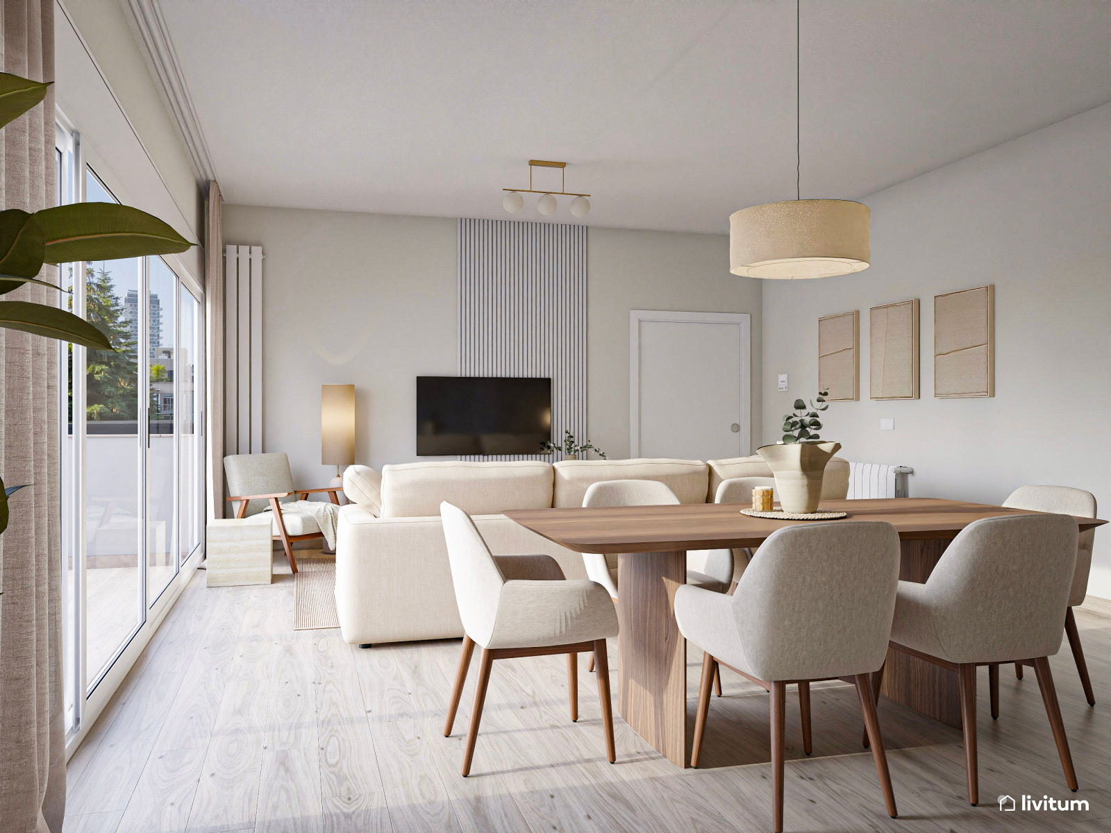 Salón comedor minimalista en blanco y madera con toques nórdicos 