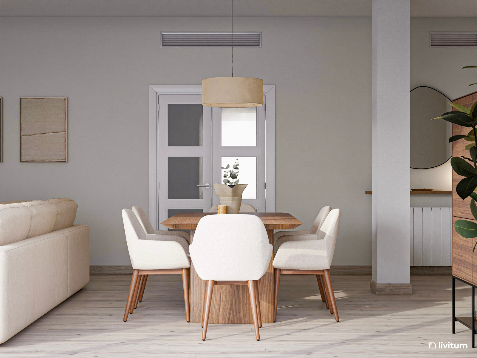 Salón comedor minimalista en blanco y madera con toques nórdicos 