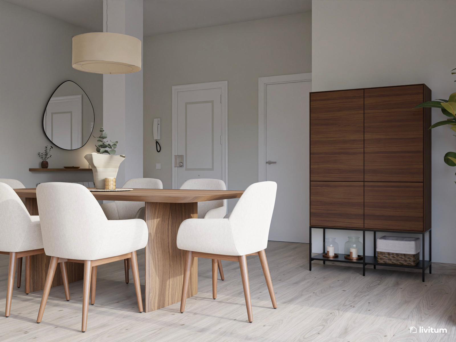 Salón comedor minimalista en blanco y madera con toques nórdicos 