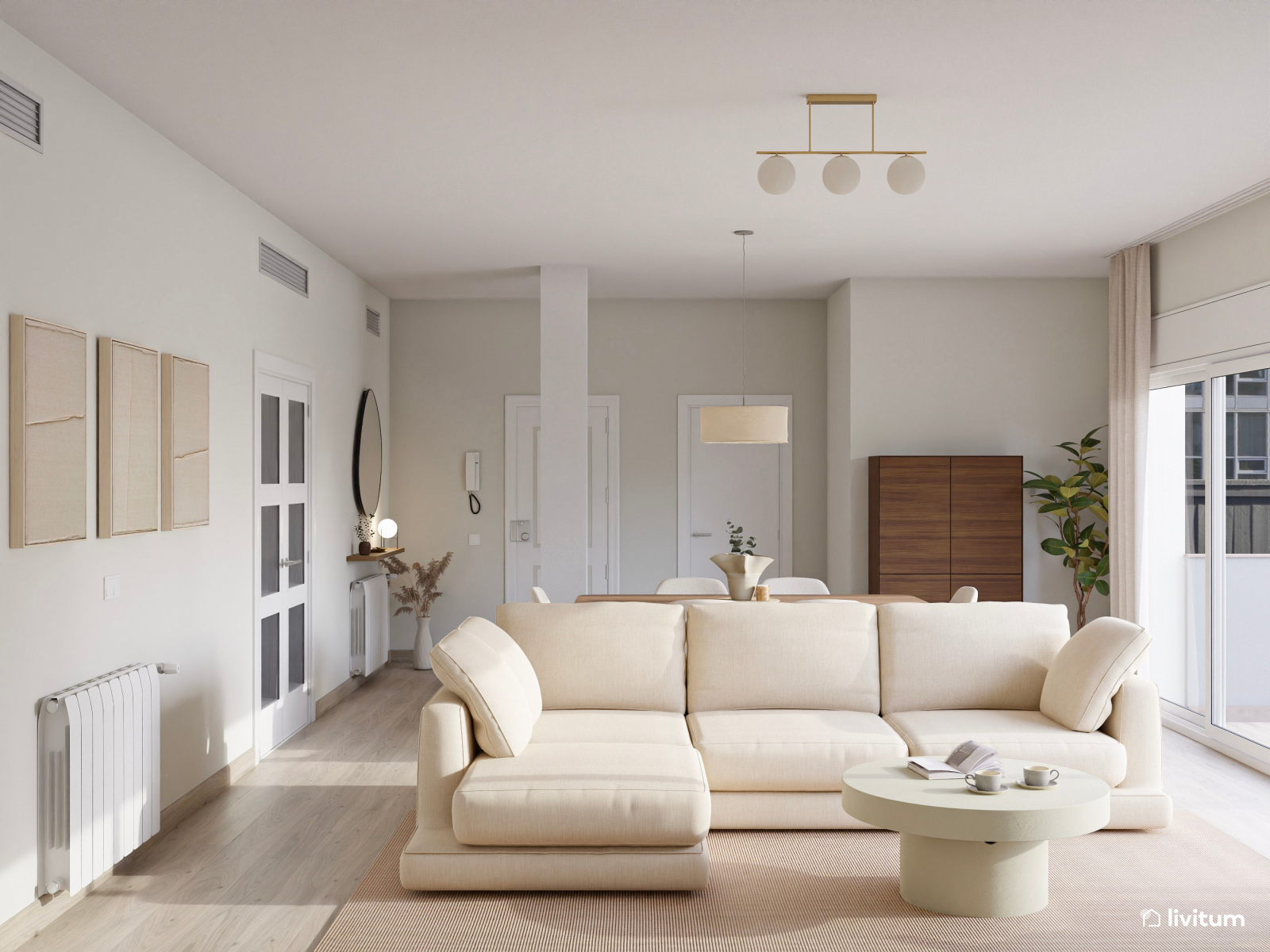 Salón comedor minimalista en blanco y madera con toques nórdicos 