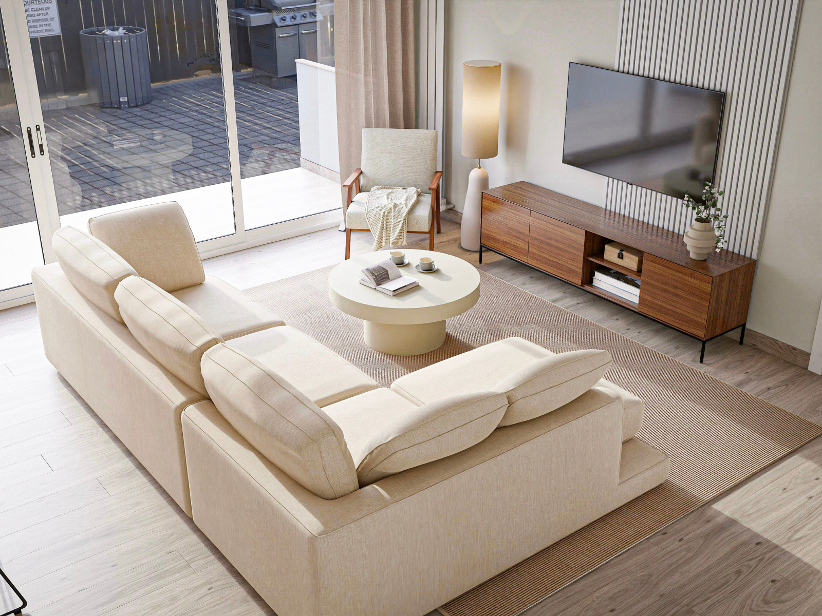 Salón comedor minimalista en blanco y madera con toques nórdicos 