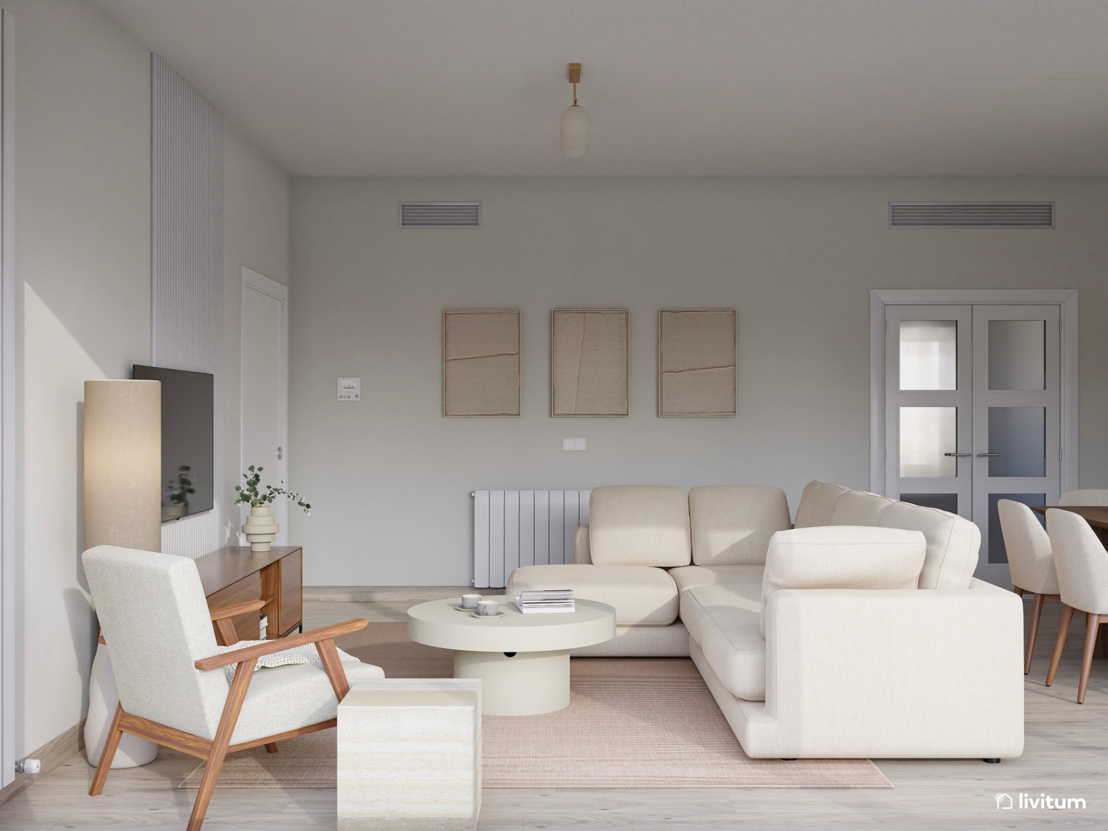 Salón comedor minimalista en blanco y madera con toques nórdicos 