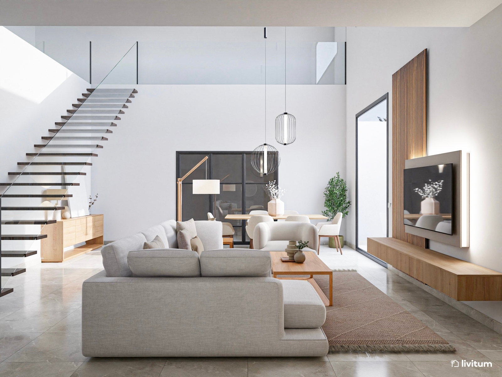 Salón comedor minimalista y elegante en tonos blancos 