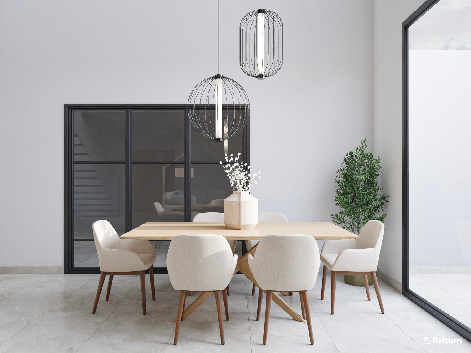 Salón comedor minimalista y elegante en tonos blancos 