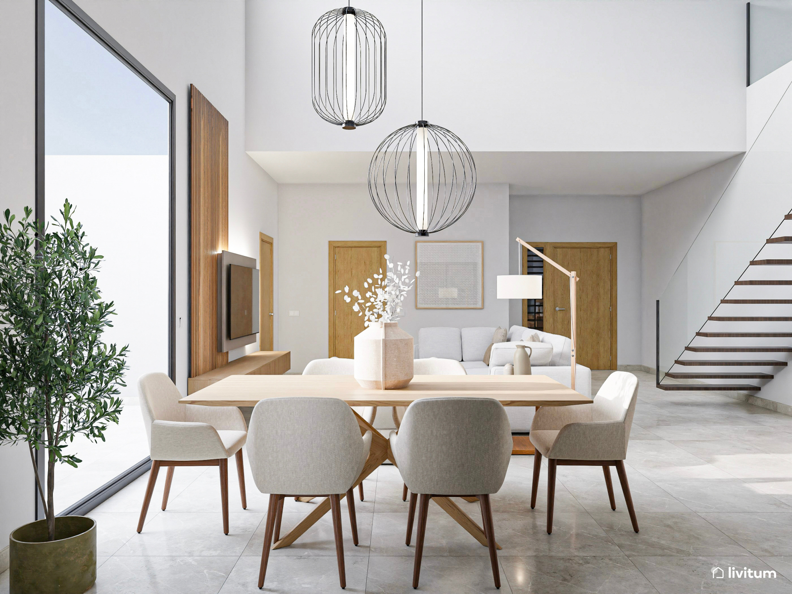 Salón comedor minimalista y elegante en tonos blancos 