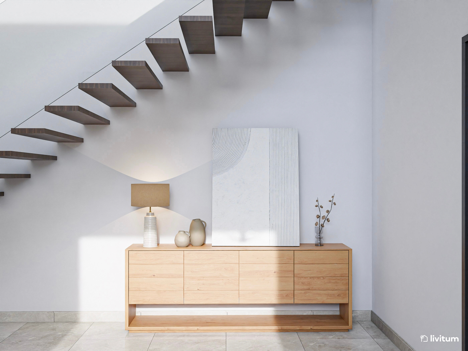 Salón comedor minimalista y elegante en tonos blancos 