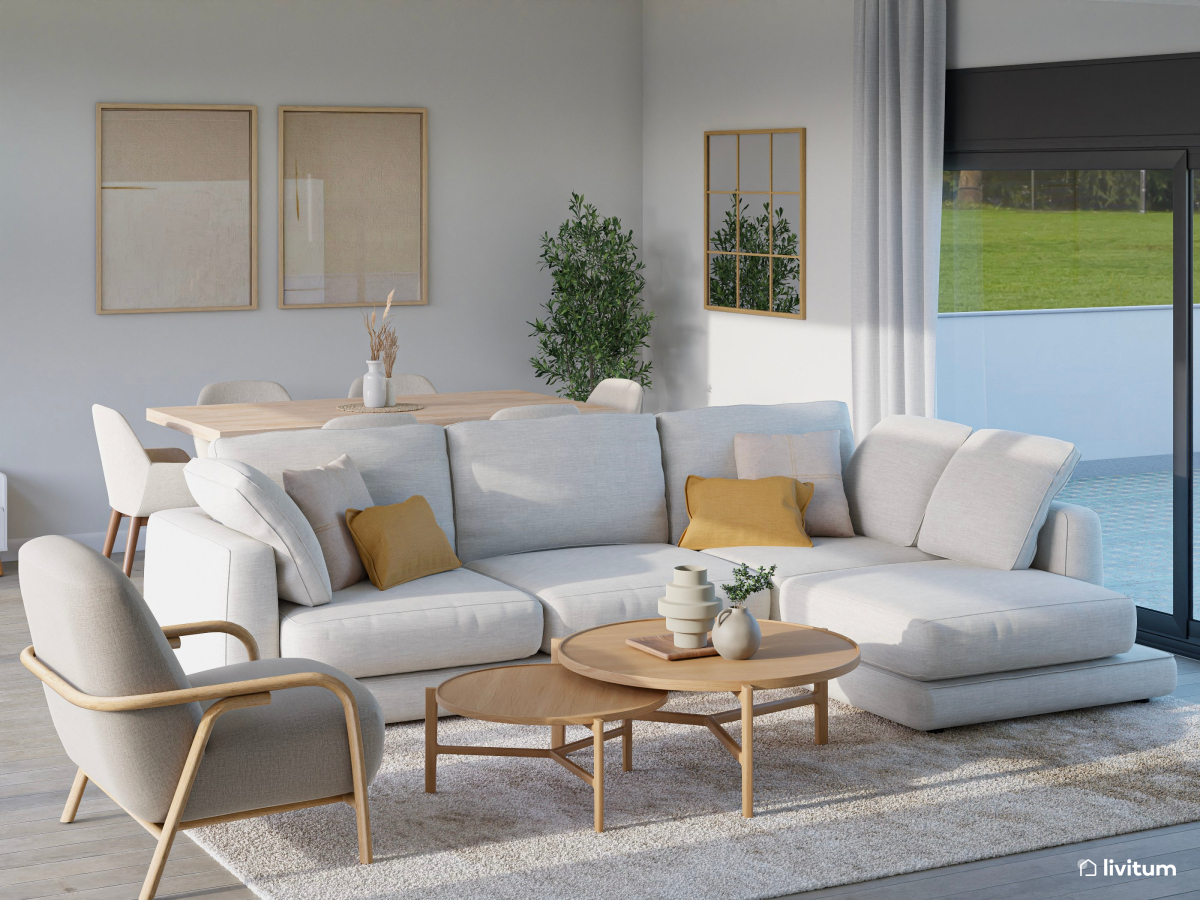 Salón comedor minimalista y nórdico con cómodo sofá blanco