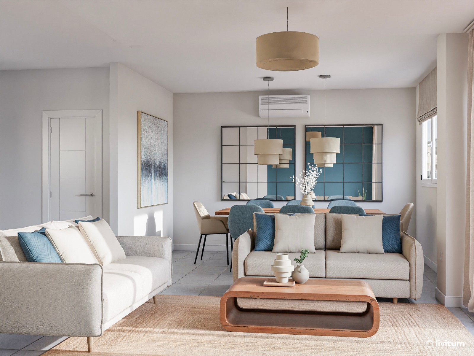 Salón comedor moderno con acentos en azul verdoso y rincón de lectura