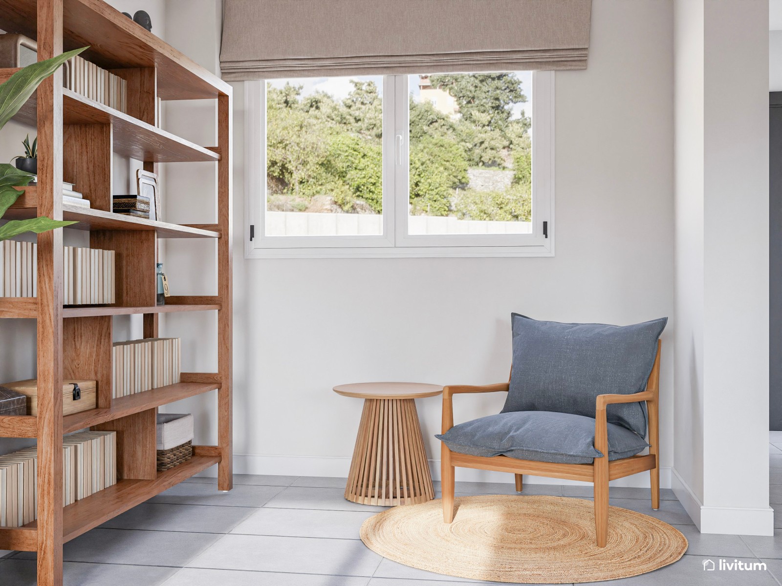 Salón comedor moderno con acentos en azul verdoso y rincón de lectura