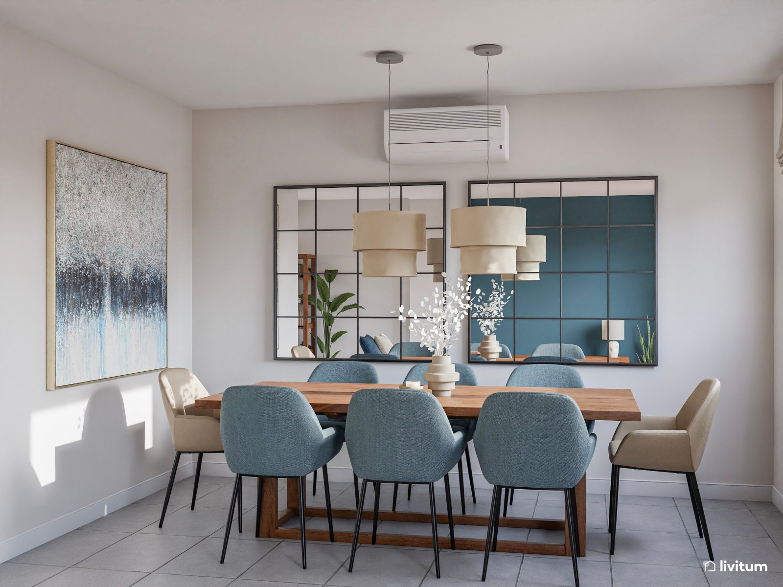 Salón comedor moderno con acentos en azul verdoso y rincón de lectura