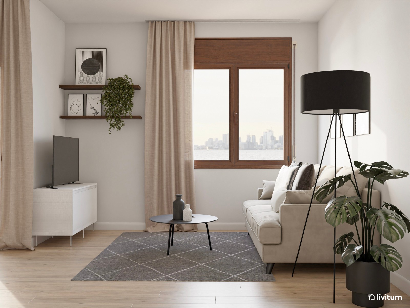 Salón comedor moderno con acentos en gris oscuro