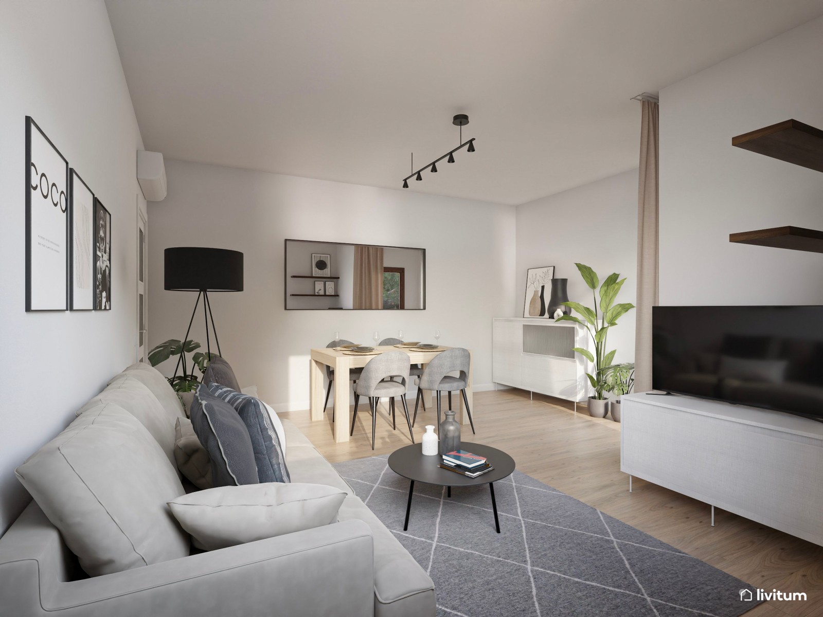 Salón comedor moderno con acentos en gris oscuro