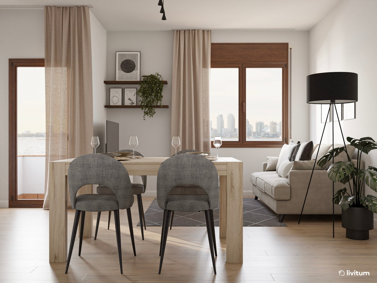 Salón comedor moderno con acentos en gris oscuro