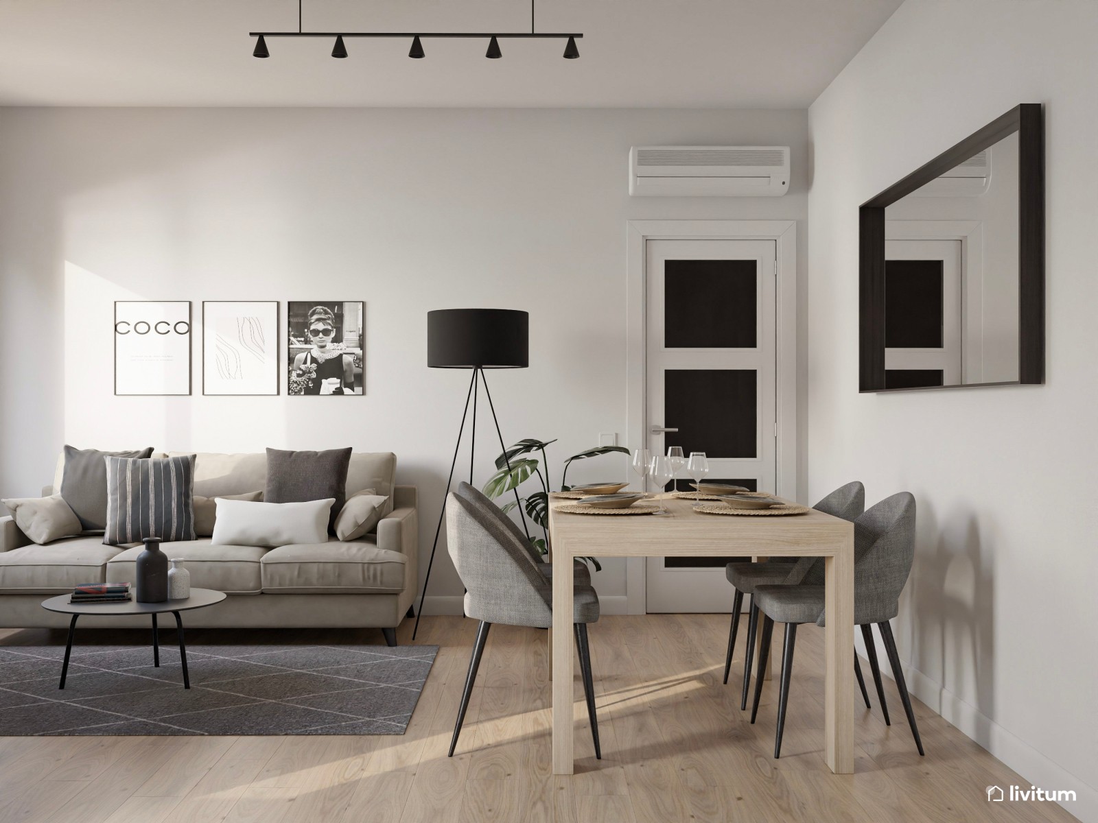 Salón comedor moderno con acentos en gris oscuro