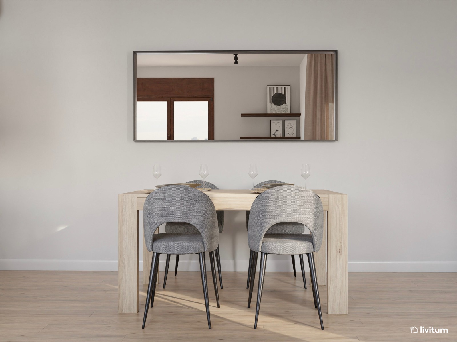 Salón comedor moderno con acentos en gris oscuro