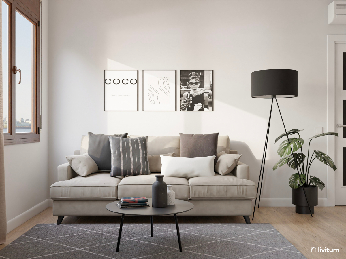 Salón comedor moderno con acentos en gris oscuro