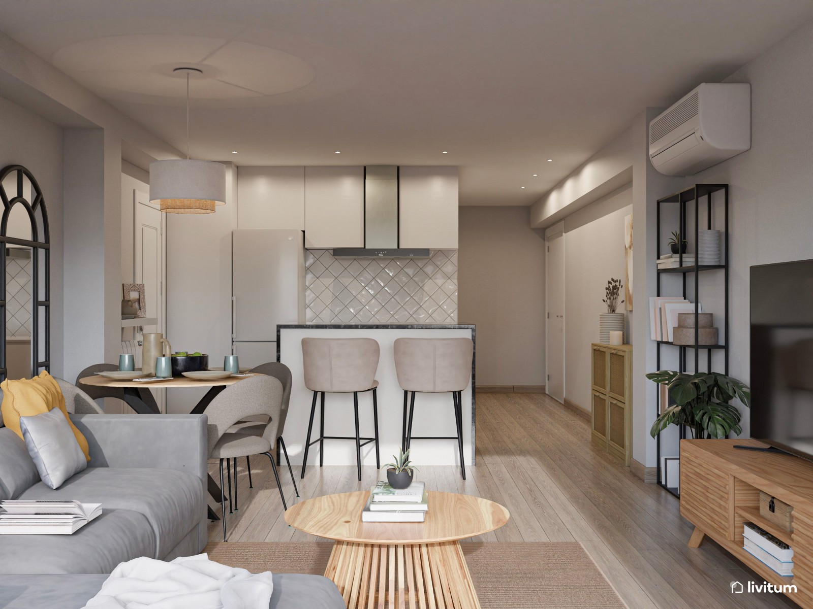 Salón comedor moderno con acentos en negro y amarillo