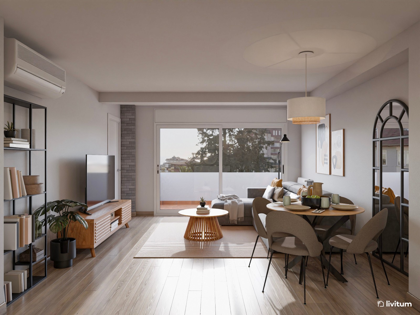 Salón comedor moderno con acentos en negro y amarillo