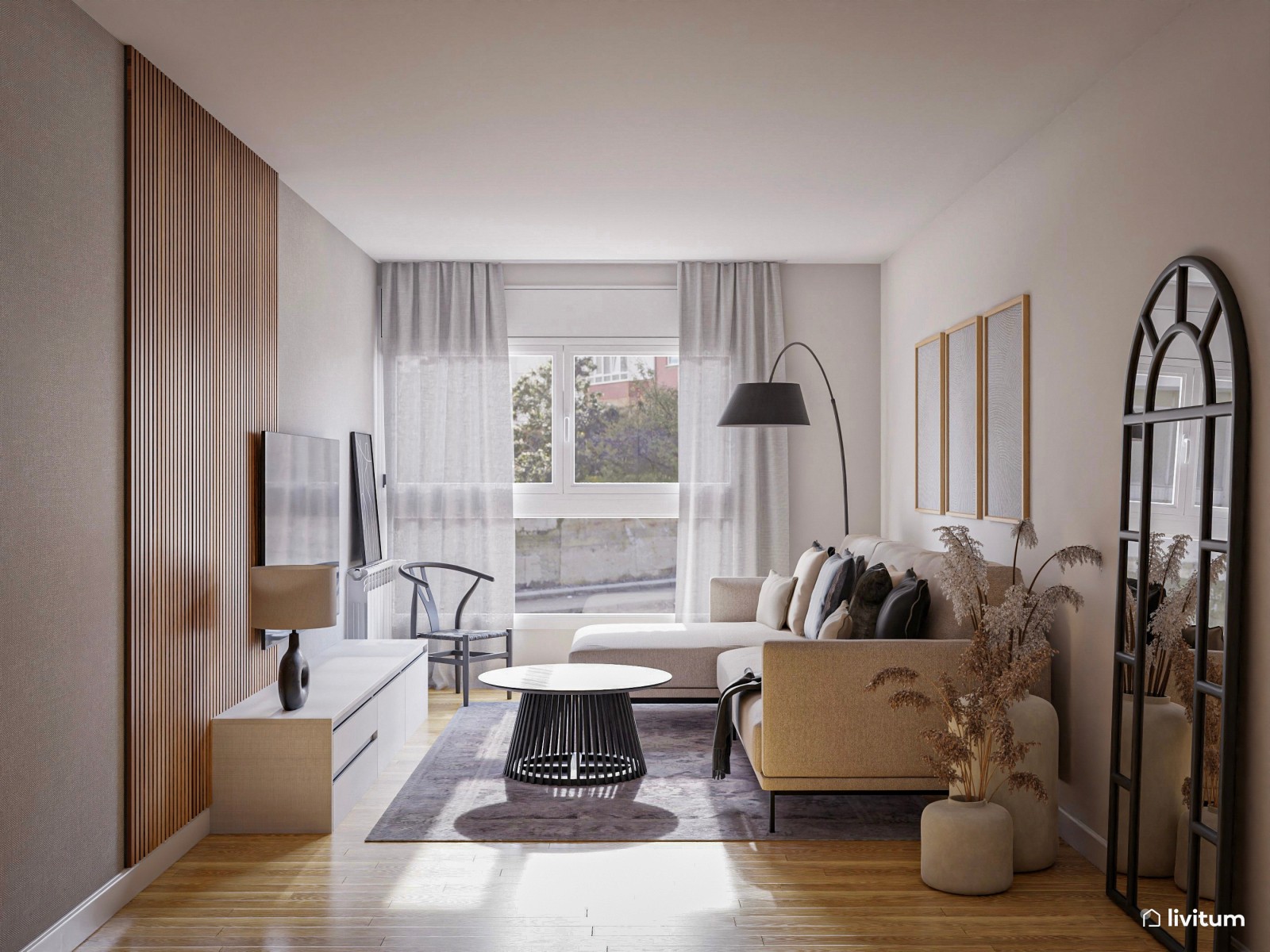 Salón comedor moderno con acentos en negro y madera