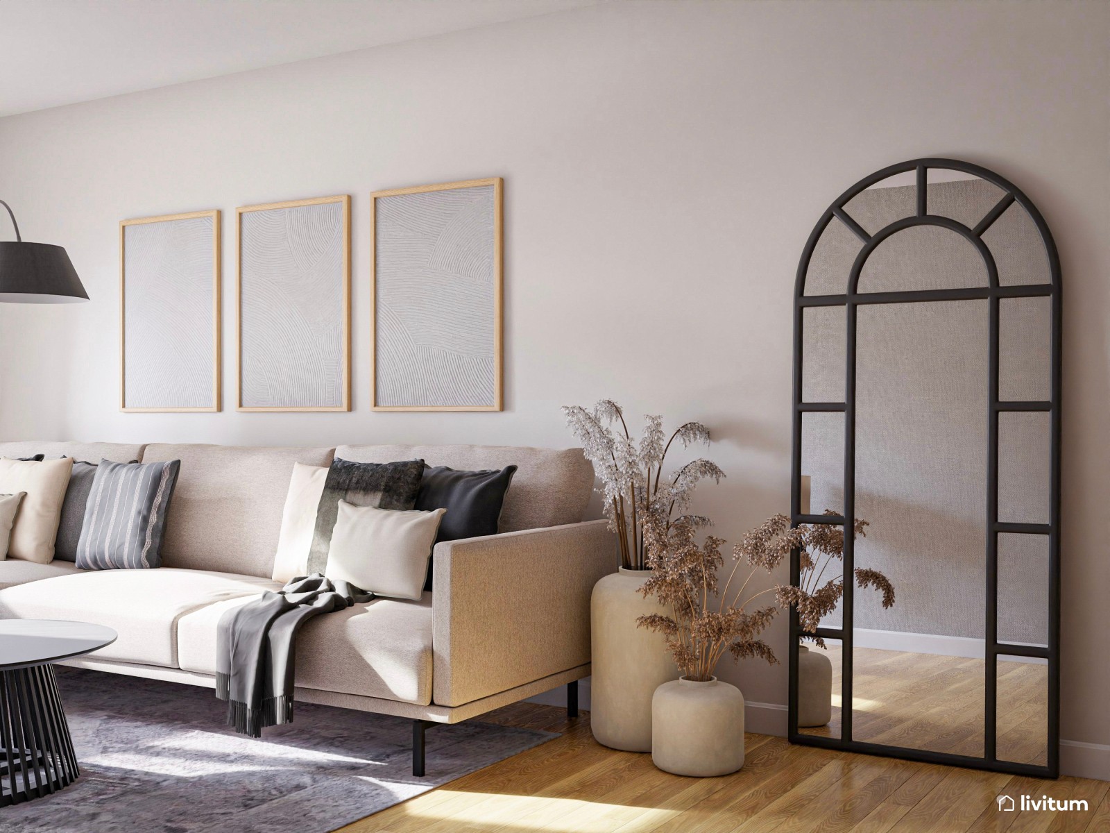 Salón comedor moderno con acentos en negro y madera