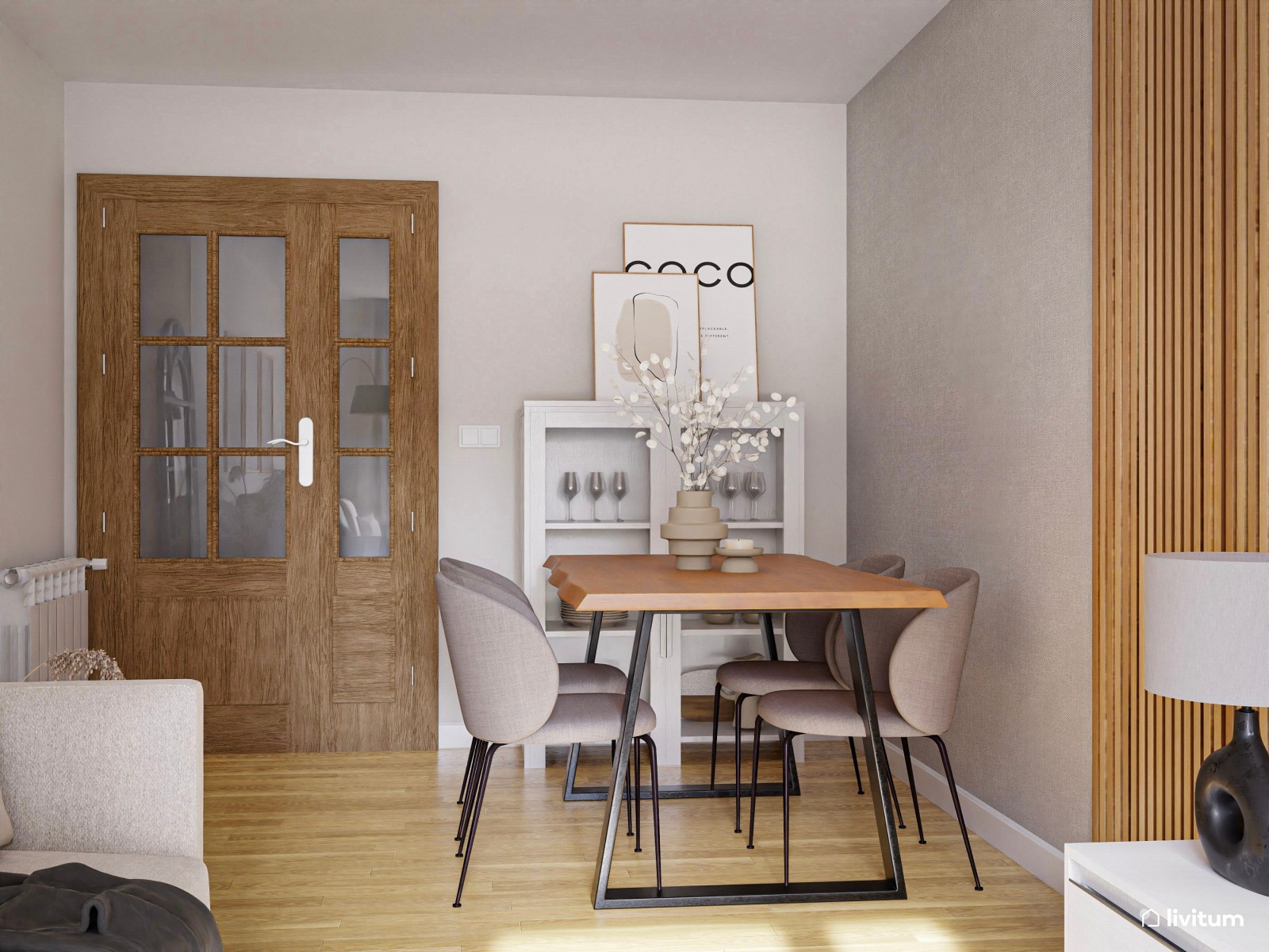 Salón comedor moderno con acentos en negro y madera