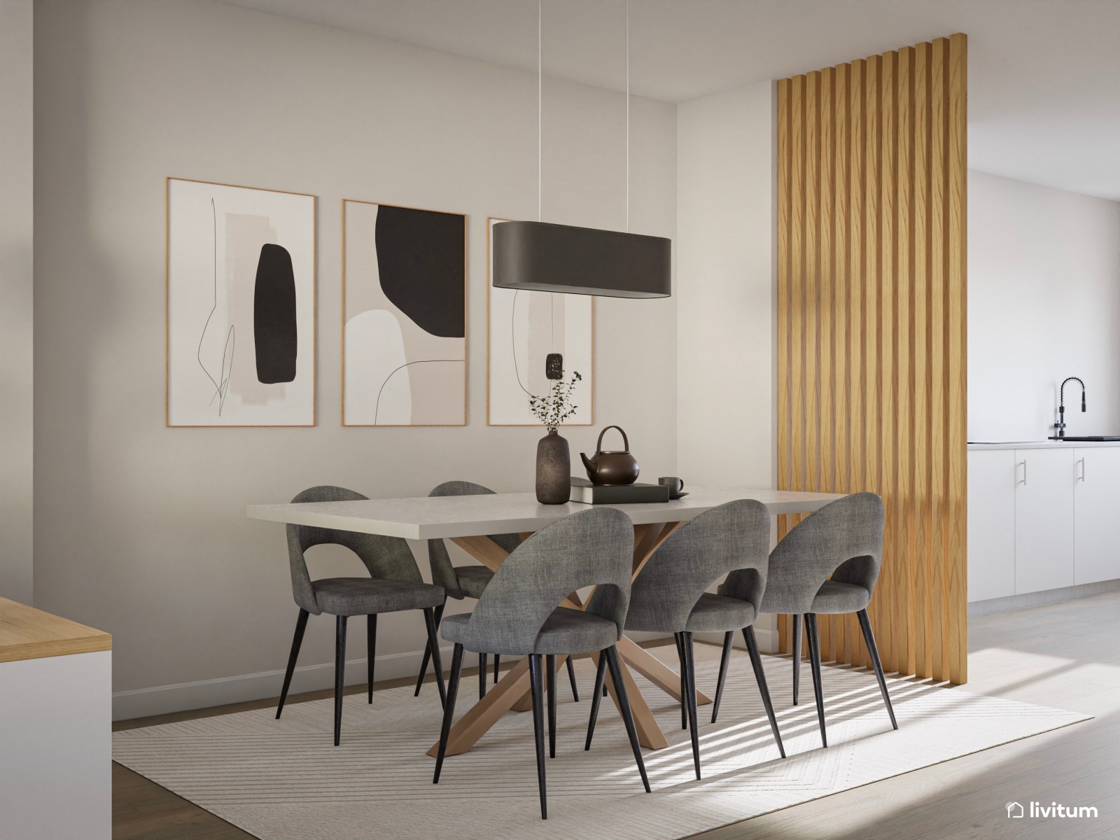 Salón comedor moderno con acentos grises y bases neutras