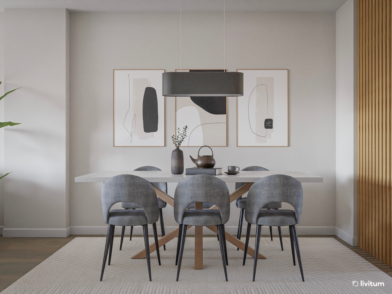 Salón comedor moderno con acentos grises y bases neutras