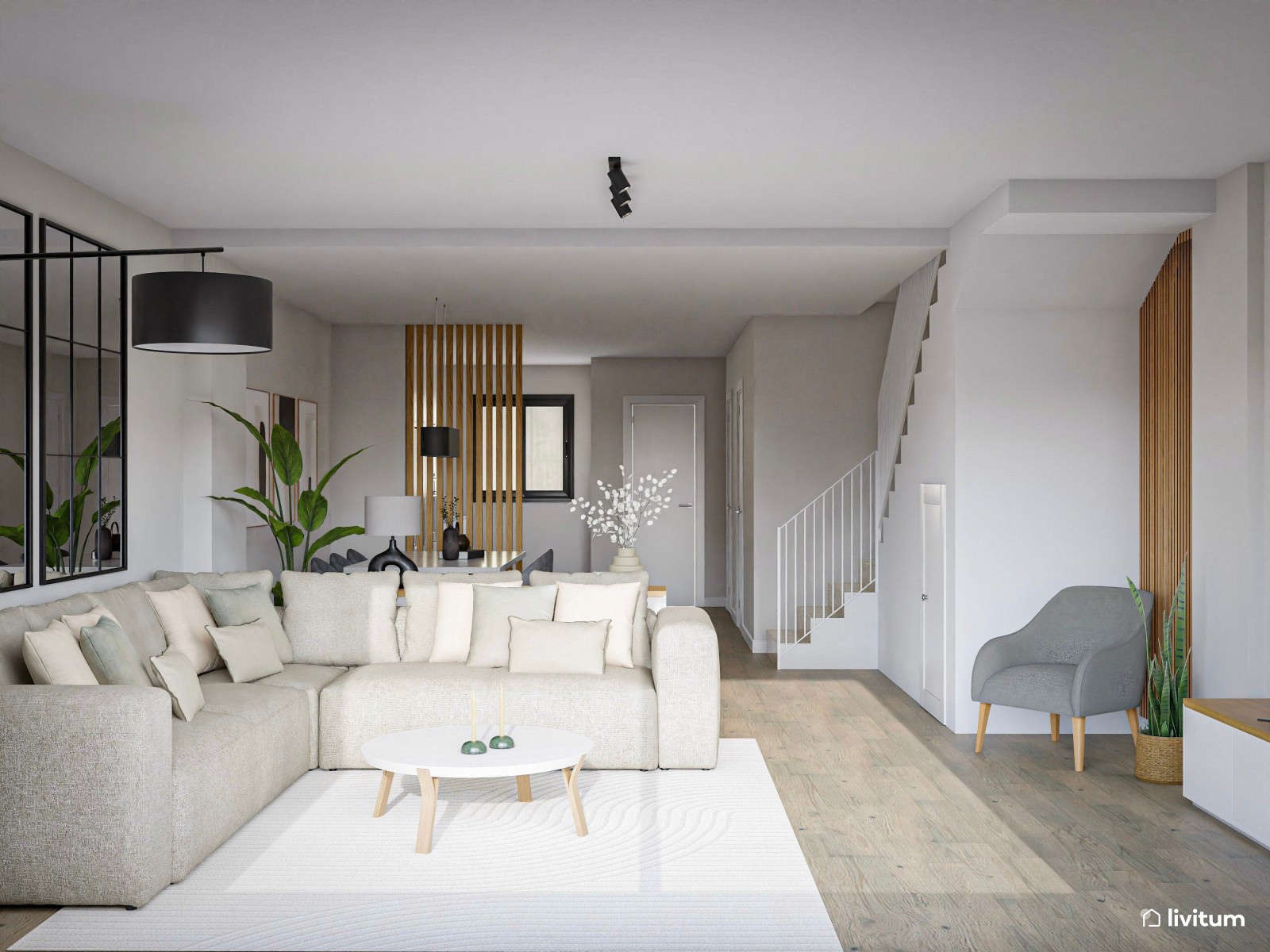 Salón comedor moderno con acentos grises y bases neutras