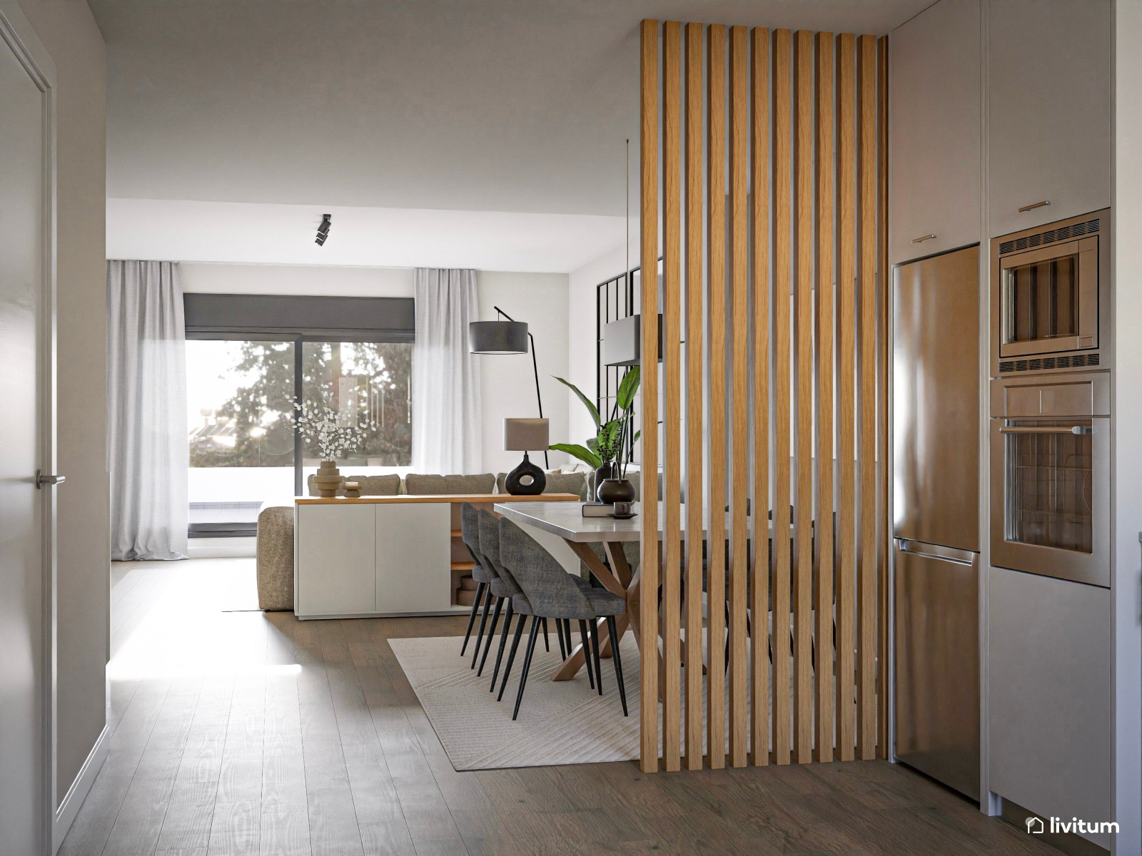 Salón comedor moderno con acentos grises y bases neutras