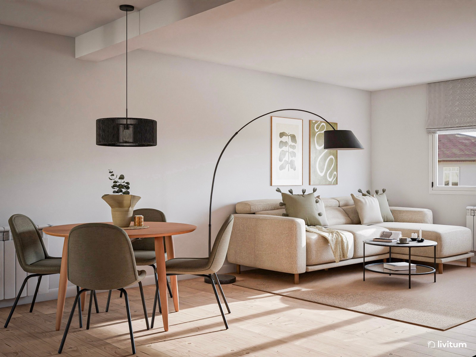 Salón comedor moderno con acentos verdes y muebles de madera