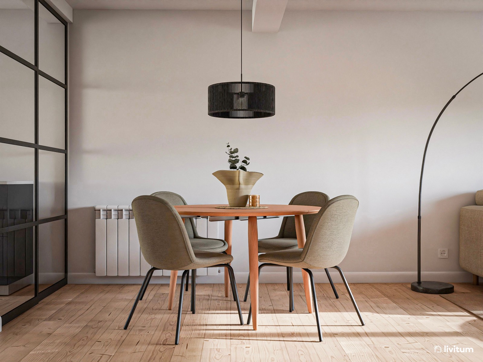 Salón comedor moderno con acentos verdes y muebles de madera