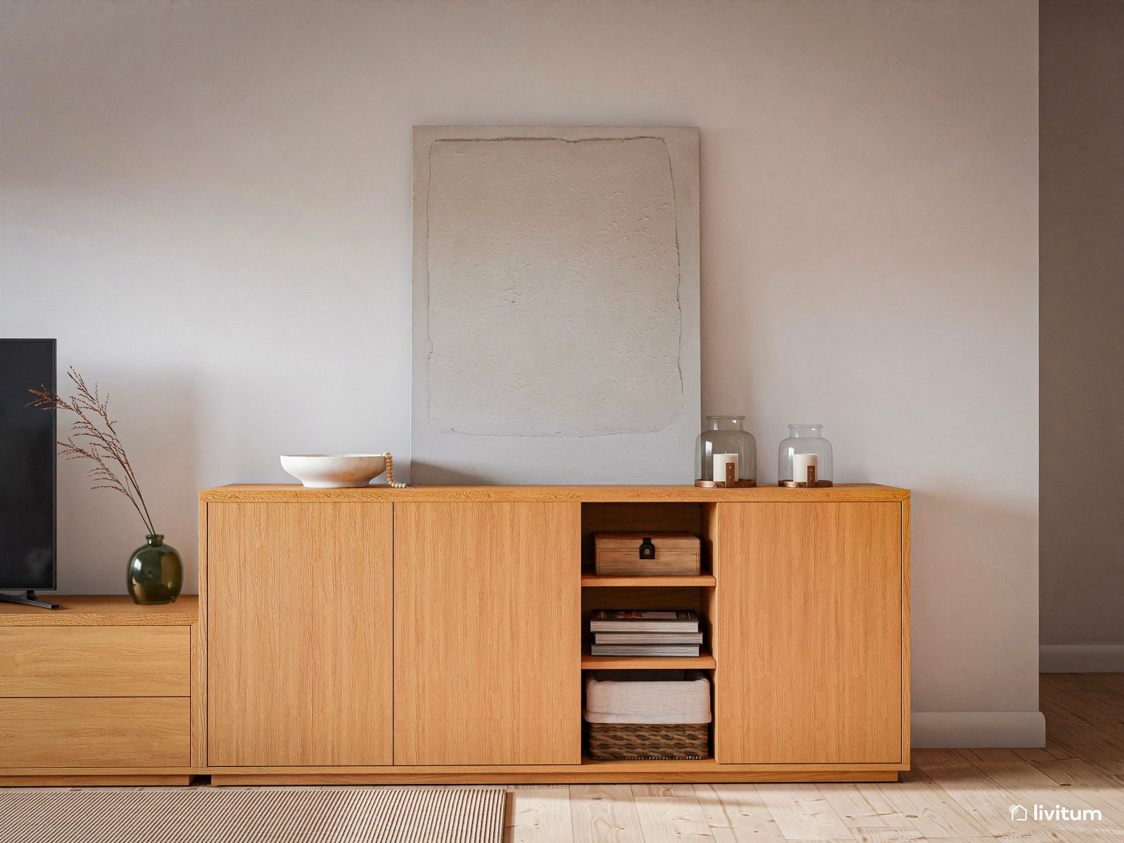 Salón comedor moderno con acentos verdes y muebles de madera