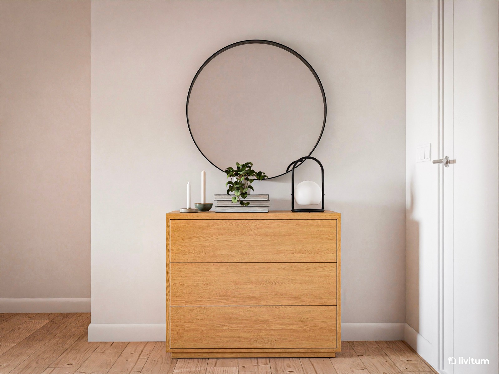 Salón comedor moderno con acentos verdes y muebles de madera