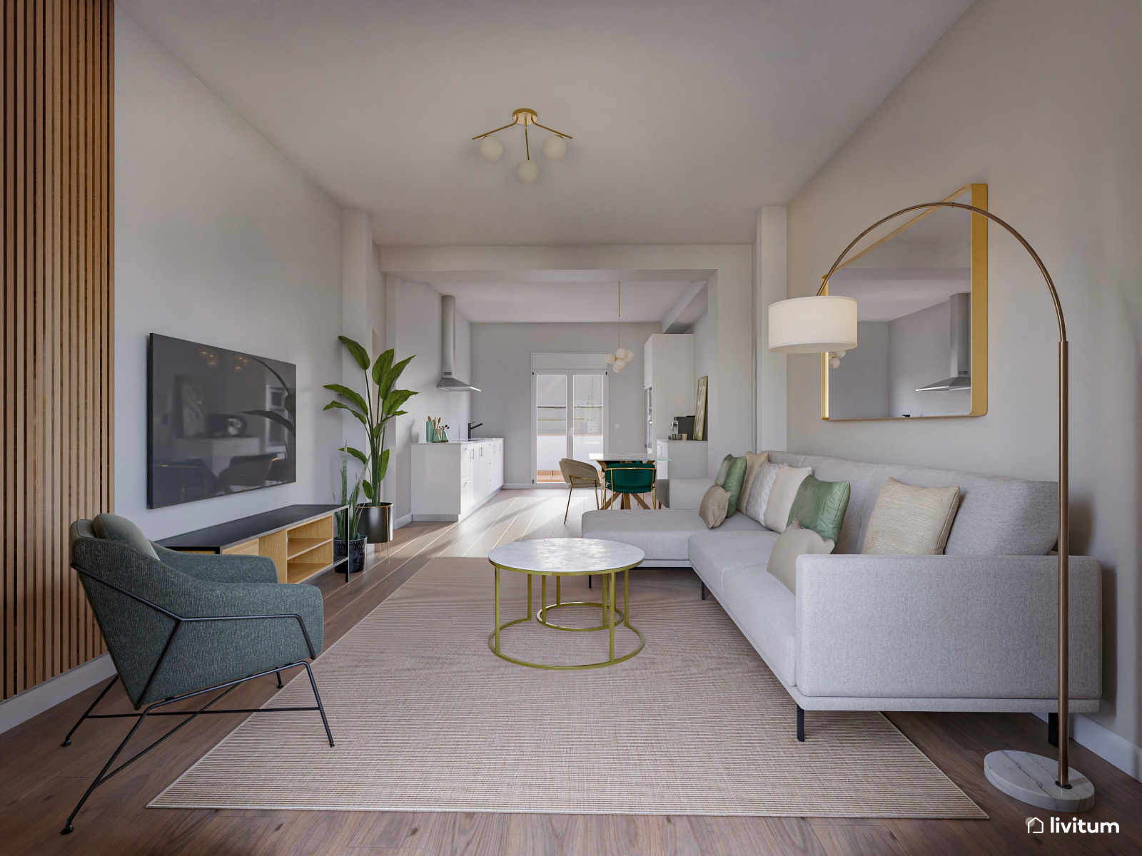 Salón comedor moderno con cocina abierta y detalles de mármol 