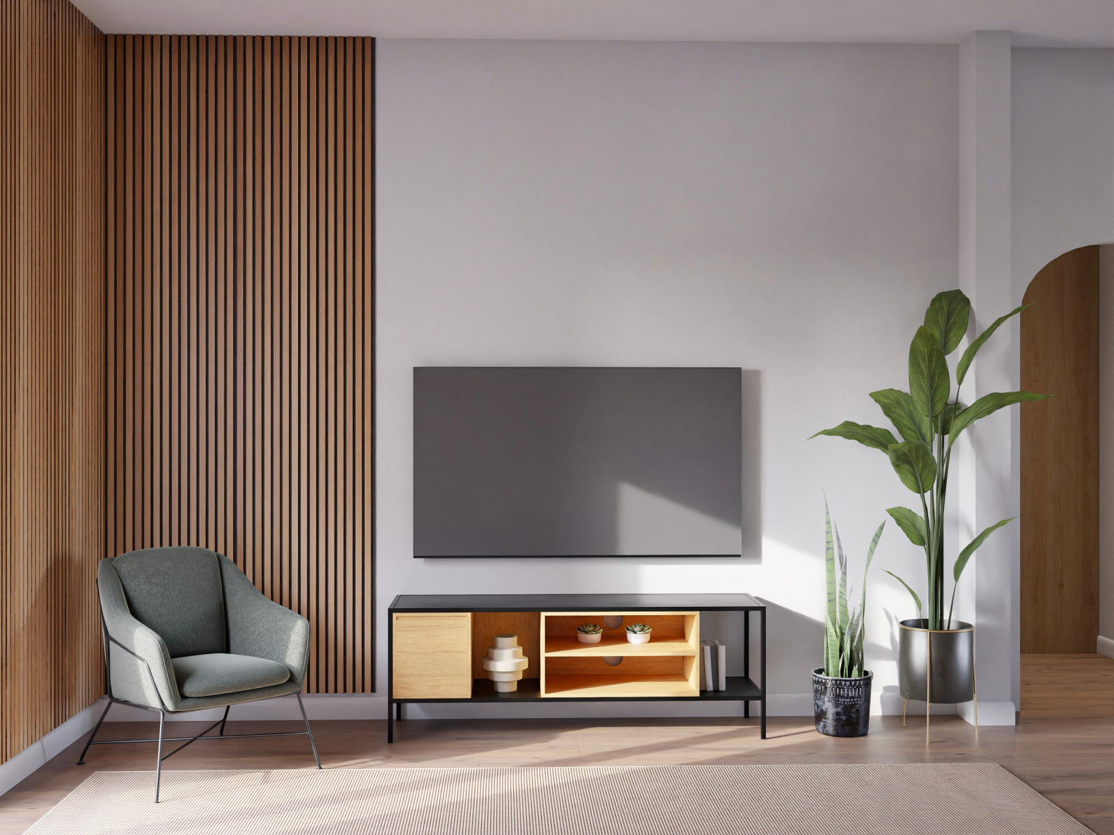 Salón comedor moderno con cocina abierta y detalles de mármol 