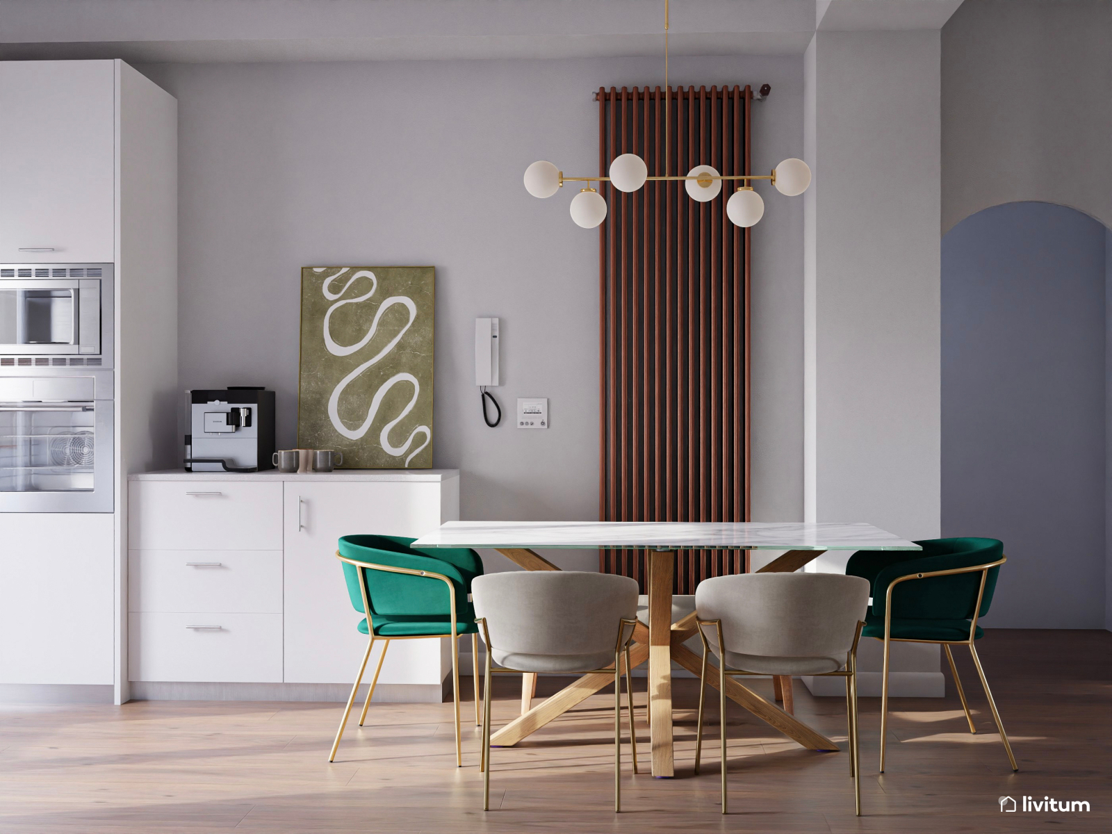 Salón comedor moderno con cocina abierta y detalles de mármol 