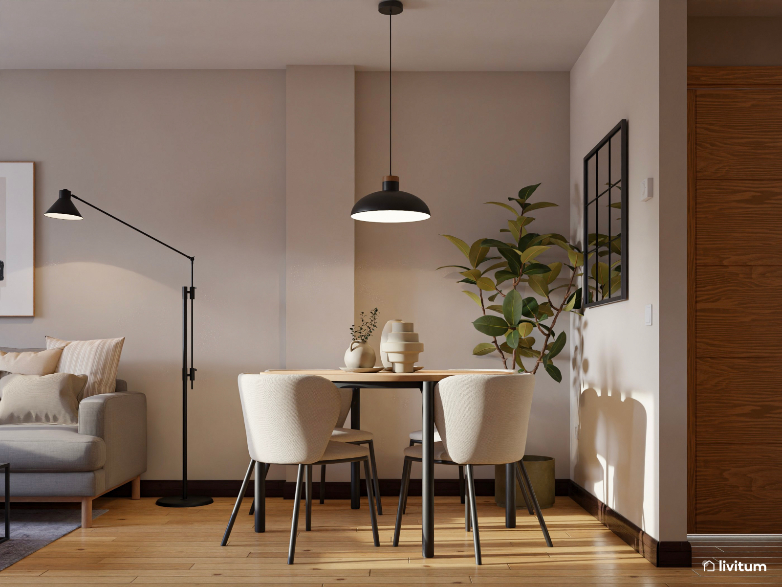 Salón comedor moderno con cocina abierta y separador ligero 