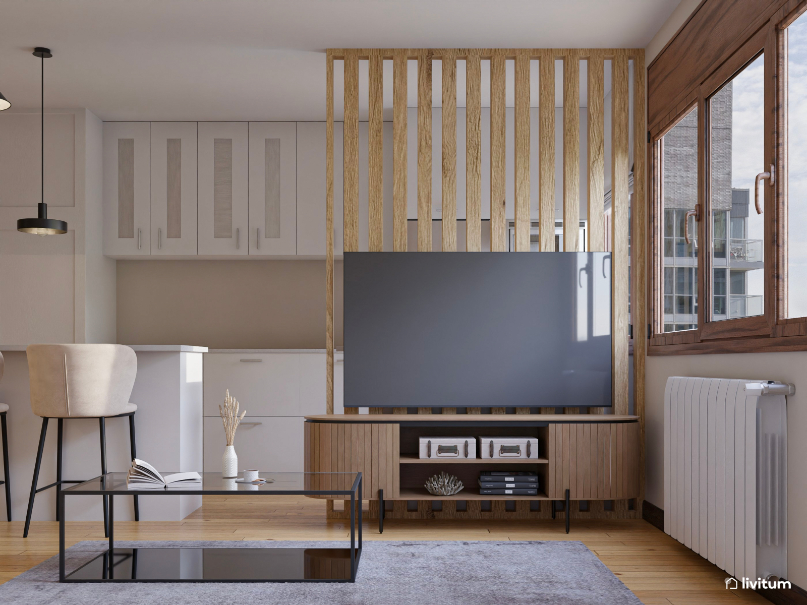 Salón comedor moderno con cocina abierta y separador ligero 